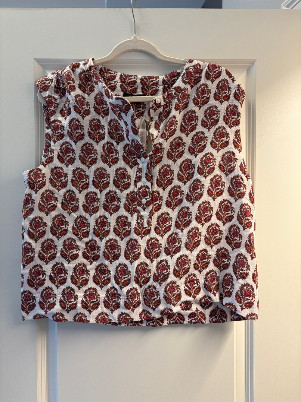 J. Crew White Sleeveless Camisole with Rust Floral Motif 100% cotton